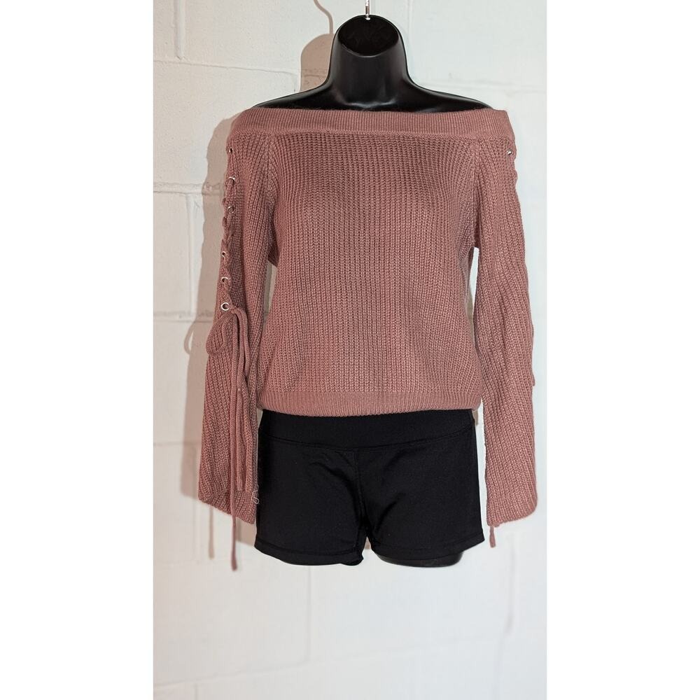 Polly & Esther Off Shoulder Knit Sweater Lace Up Bell Sleeve Pullover Top Small